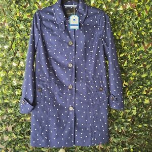Talbots Polka Dot Mac Blue White Raincoat Buttons XS NWT 100% Cotton